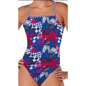 SPEEDO 34 M Large Womens One Piece Swimming USA Collection Logo red white blue